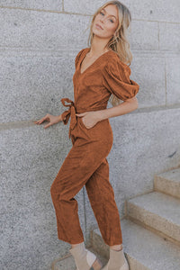 Brown Tie Knot Puff Sleeve Straight Leg High Rise Jumpsuit