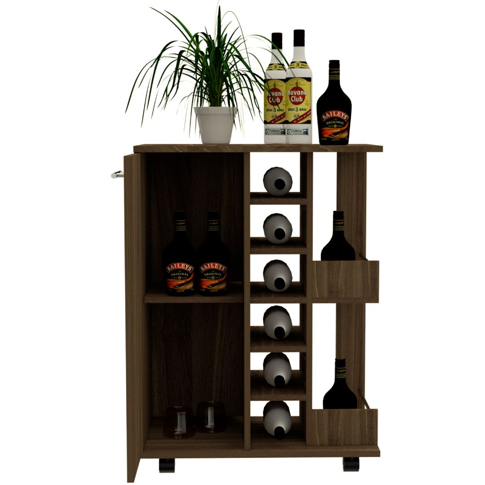 Bar Cart Wells, Four Casters, Dark Walnut Finish