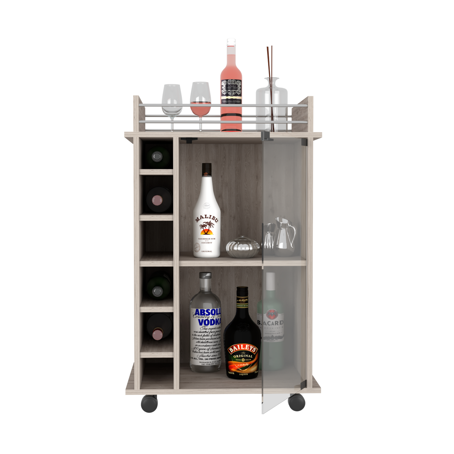 Bar Cart Baltimore, Six Wine Cubbies, Light Gray Finish