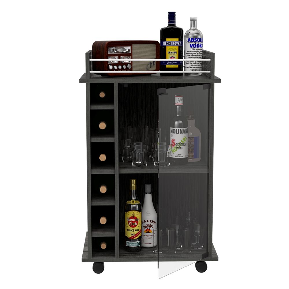 Bar Cart Baltimore, Six Wine Cubbies, Smokey Oak Finish