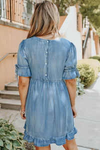 Blue High Waist Ruffled Denim Dress