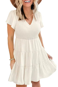 Beige Solid Smocked Short Sleeve V Neck Mini Dress