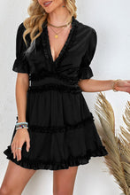 Load image into Gallery viewer, Black Ruffled V Neck Puff Sleeve Hollow-out Back Swing Short Dress
