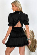 Load image into Gallery viewer, Black Ruffled V Neck Puff Sleeve Hollow-out Back Swing Short Dress
