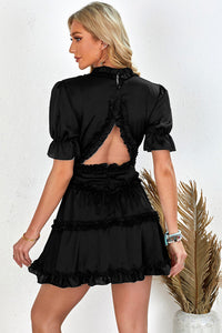 Black Ruffled V Neck Puff Sleeve Hollow-out Back Swing Short Dress