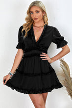 Load image into Gallery viewer, Black Ruffled V Neck Puff Sleeve Hollow-out Back Swing Short Dress
