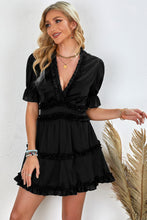 Load image into Gallery viewer, Black Ruffled V Neck Puff Sleeve Hollow-out Back Swing Short Dress
