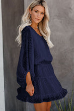 Load image into Gallery viewer, Blue Waved Stripes Textured Balloon Sleeve Tiered Dress
