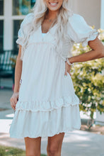 Load image into Gallery viewer, Apricot Tiered Ruffled Puff Sleeve V Neck Babydoll Dress
