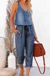 Blue High Waist Buttons Sleeveless Denim Romper