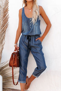 Blue High Waist Buttons Sleeveless Denim Romper