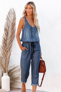 Blue High Waist Buttons Sleeveless Denim Romper