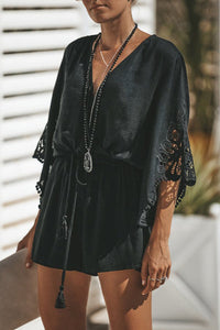 Black Crochet Lace V Neck Bell Sleeves Romper