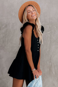 Black Flutter Shoulder Pocketed Babydoll Romper