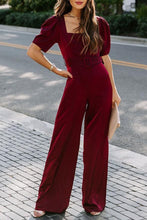 Load image into Gallery viewer, Burgundy Belted Square Neck Puff Sleeve Jumpsuit
