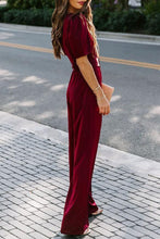 Load image into Gallery viewer, Burgundy Belted Square Neck Puff Sleeve Jumpsuit
