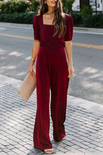 Load image into Gallery viewer, Burgundy Belted Square Neck Puff Sleeve Jumpsuit
