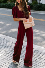 Load image into Gallery viewer, Burgundy Belted Square Neck Puff Sleeve Jumpsuit
