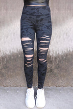 Load image into Gallery viewer, Black Camo Print Ripped High Waist Leggings
