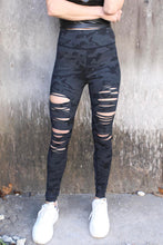 Load image into Gallery viewer, Black Camo Print Ripped High Waist Leggings
