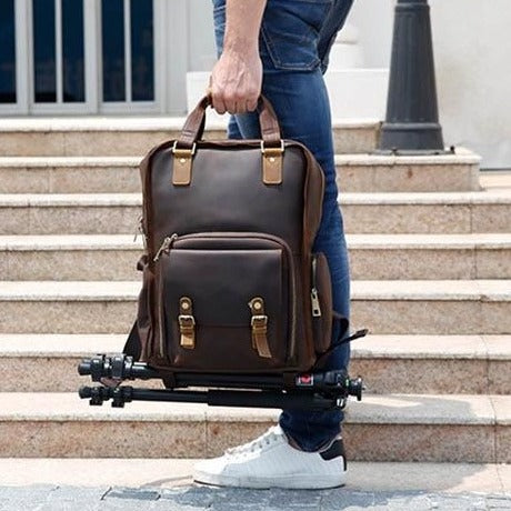 The Gaetano | Large Leather Backpack Camera Bag with Tripod Holder | Bags & Wallets