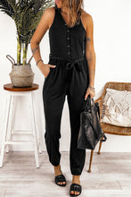 Load image into Gallery viewer, Black Buttons V Neck Slim-fit Lace-up High Waist Jumpsuit
