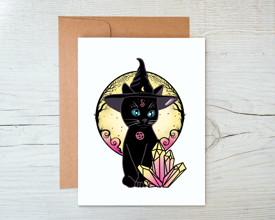 Black Cat Witch Card - Blank Inside with Kraft Envelope