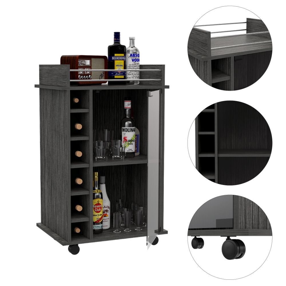 Bar Cart Baltimore, Six Wine Cubbies, Smokey Oak Finish